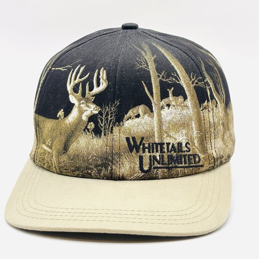 Vintage 90s Whitetails Unlimited SnapBack Hat AOP Hunting USA Vtg Deer